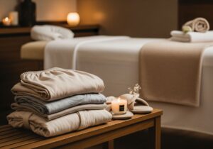 Pohodlné oblečení na dřevěné lavici, masážní stůl s bílým prádlem a svíčka v relaxačním spa pokoji