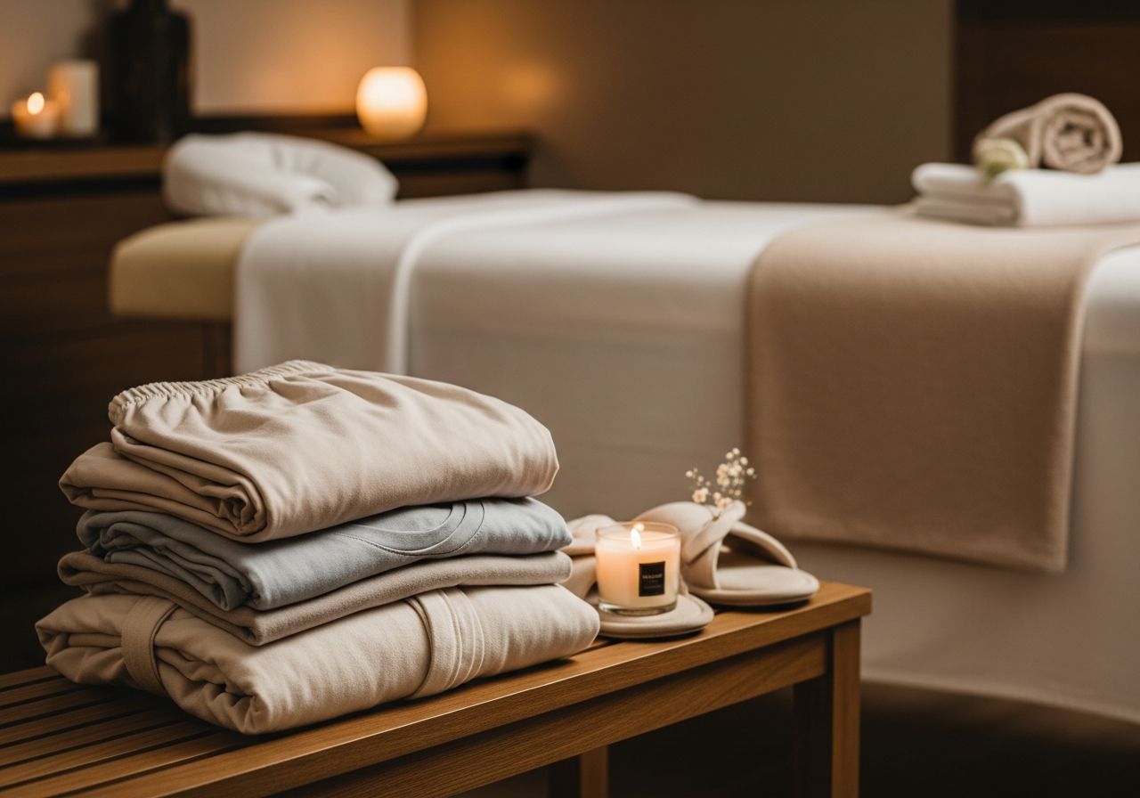 Pohodlné oblečení na dřevěné lavici, masážní stůl s bílým prádlem a svíčka v relaxačním spa pokoji