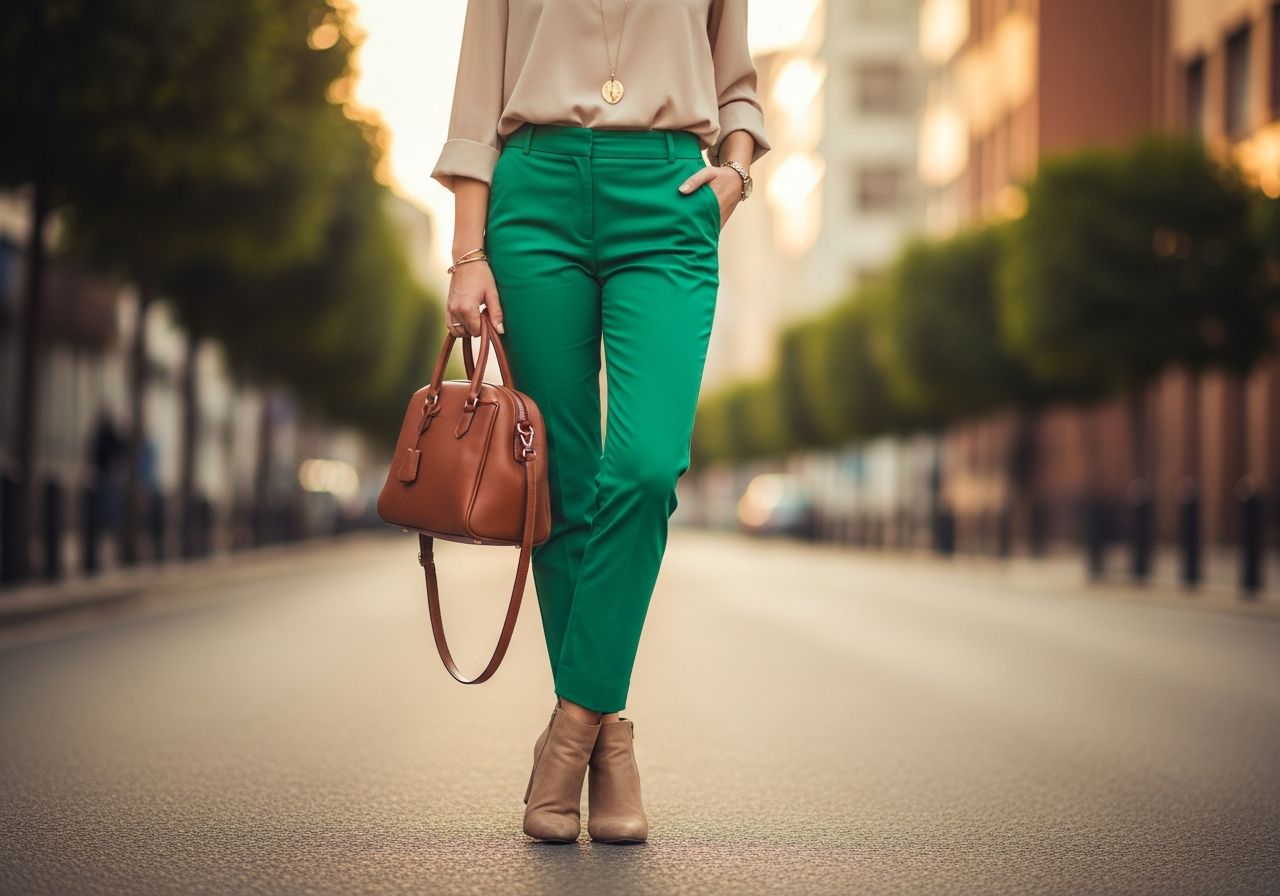 Mladá žena v zelených kalhotách a béžové blůze stojí na městské ulici za zlaté hodiny.