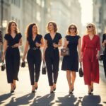 Skupina stylových žen na městské ulici za slunečného dne, smějí se a jdou na dámskou večer.