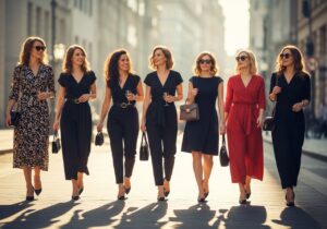 Skupina stylových žen na městské ulici za slunečného dne, smějí se a jdou na dámskou večer.