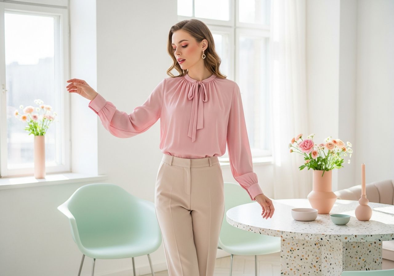 Stylová žena v pastelovém oblečení v světlém minimalistickém pokoji s jemnými pastelovými dekoracemi.