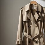 Béžový trench coat na dřevěném ramínku s dvojitými knoflíky a opaskem na neutrálním pozadí.