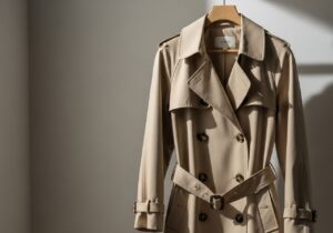 Béžový trench coat na dřevěném ramínku s dvojitými knoflíky a opaskem na neutrálním pozadí.