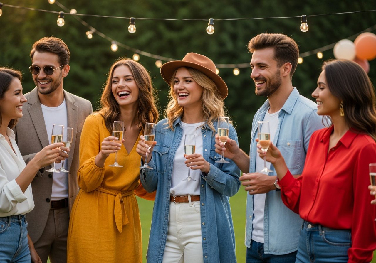 Skupina mladých lidí na venkovní rozlučkové párty s nápoji v rukou, v zahradě při zlaté hodině.