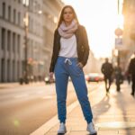 Mladá žena v moderních dámských teplácích stojí na městské ulici za zlaté hodiny.