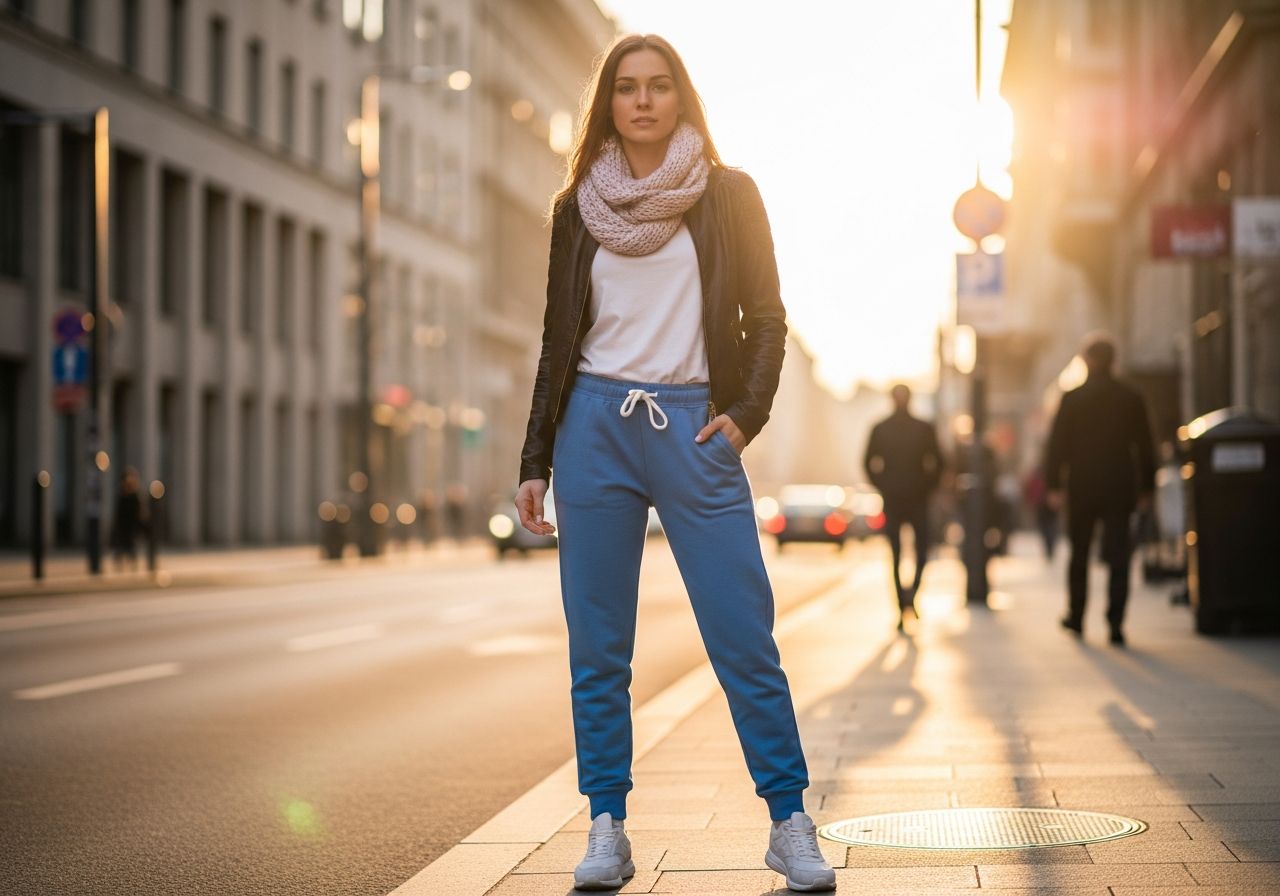 Mladá žena v moderních dámských teplácích stojí na městské ulici za zlaté hodiny.