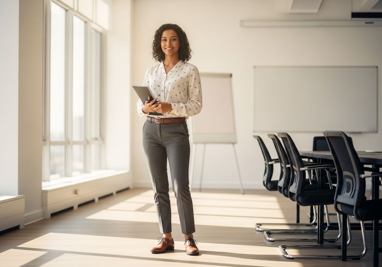 Mladá profesionálka v kanceláři drží poznámkový blok u připravené školení.