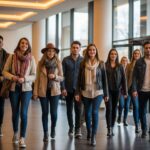 Skupina mladých lidí v módním oblečení vstupuje do moderního divadelního foyer s přirozeným světlem.