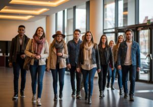 Skupina mladých lidí v módním oblečení vstupuje do moderního divadelního foyer s přirozeným světlem.