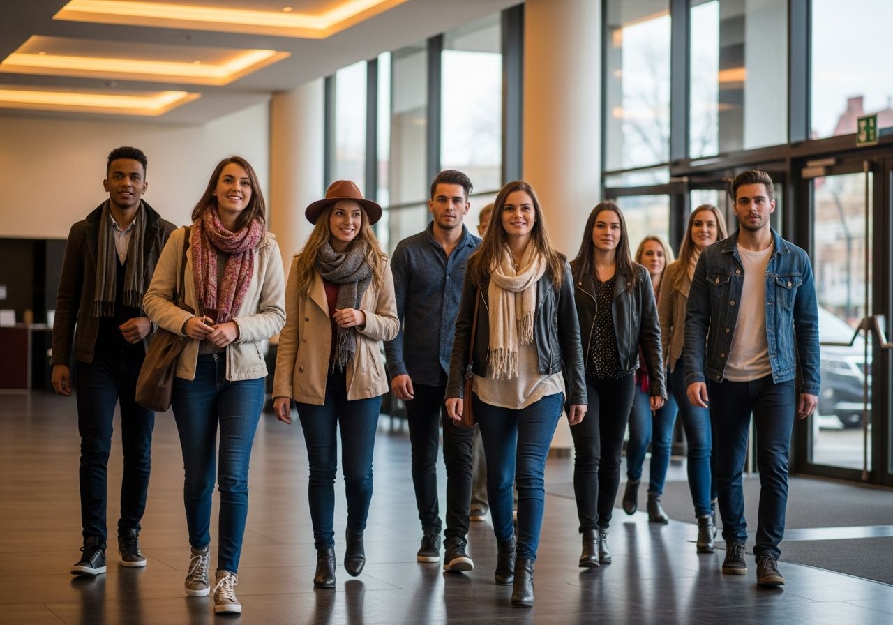 Skupina mladých lidí v módním oblečení vstupuje do moderního divadelního foyer s přirozeným světlem.