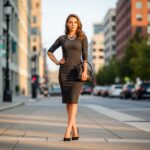 Mladá žena v elegantních šatech připravující se na rozlučku se svobodou ve městě za zlaté hodiny.