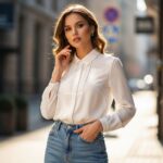 Stylová žena v bílé blůze a světle modrých džínách na městské ulici za denního světla