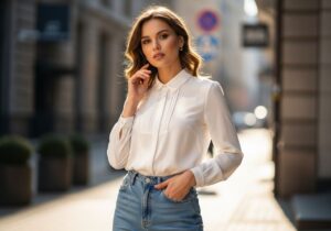 Stylová žena v bílé blůze a světle modrých džínách na městské ulici za denního světla