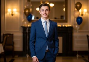 Mladý muž ve večerním obleku na oslavě narozenin v elegantním prostředí s balónky a dekoracemi.