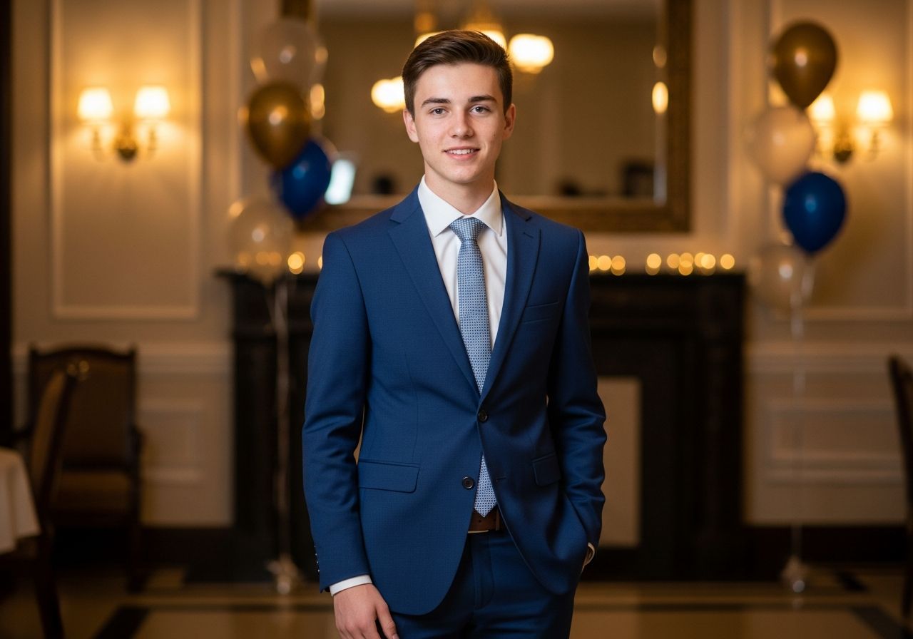 Mladý muž ve večerním obleku na oslavě narozenin v elegantním prostředí s balónky a dekoracemi.