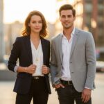 Mladý pár v elegantních sáčcích stojí ve městě při zlaté hodině, usmívají se, rozmazané pozadí.