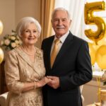 Šťastný starší pár slaví 50. výročí svatby v elegantním oblečení u slavnostní výzdoby.