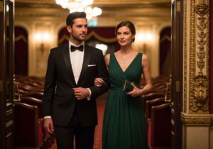 Stylový pár vstupuje do divadelního foyer v elegantním oblečení za teplého osvětlení s červenými sedačkami.