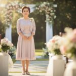 Elegantní zralá žena ve světle pastelových šatů na zahradní svatbě, držící kabelku a usmívající se.