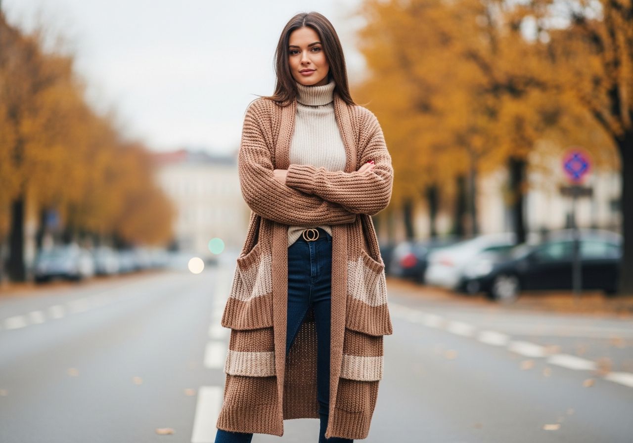Žena v dlouhém svetru na městské ulici s podzimními barvami v pozadí, přirozené světlo