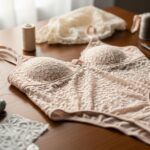 Detail krajkového body na dřevěném stole se šicím materiálem, nitěmi a vintage nůžkami v přirozeném světle
