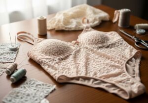 Detail krajkového body na dřevěném stole se šicím materiálem, nitěmi a vintage nůžkami v přirozeném světle