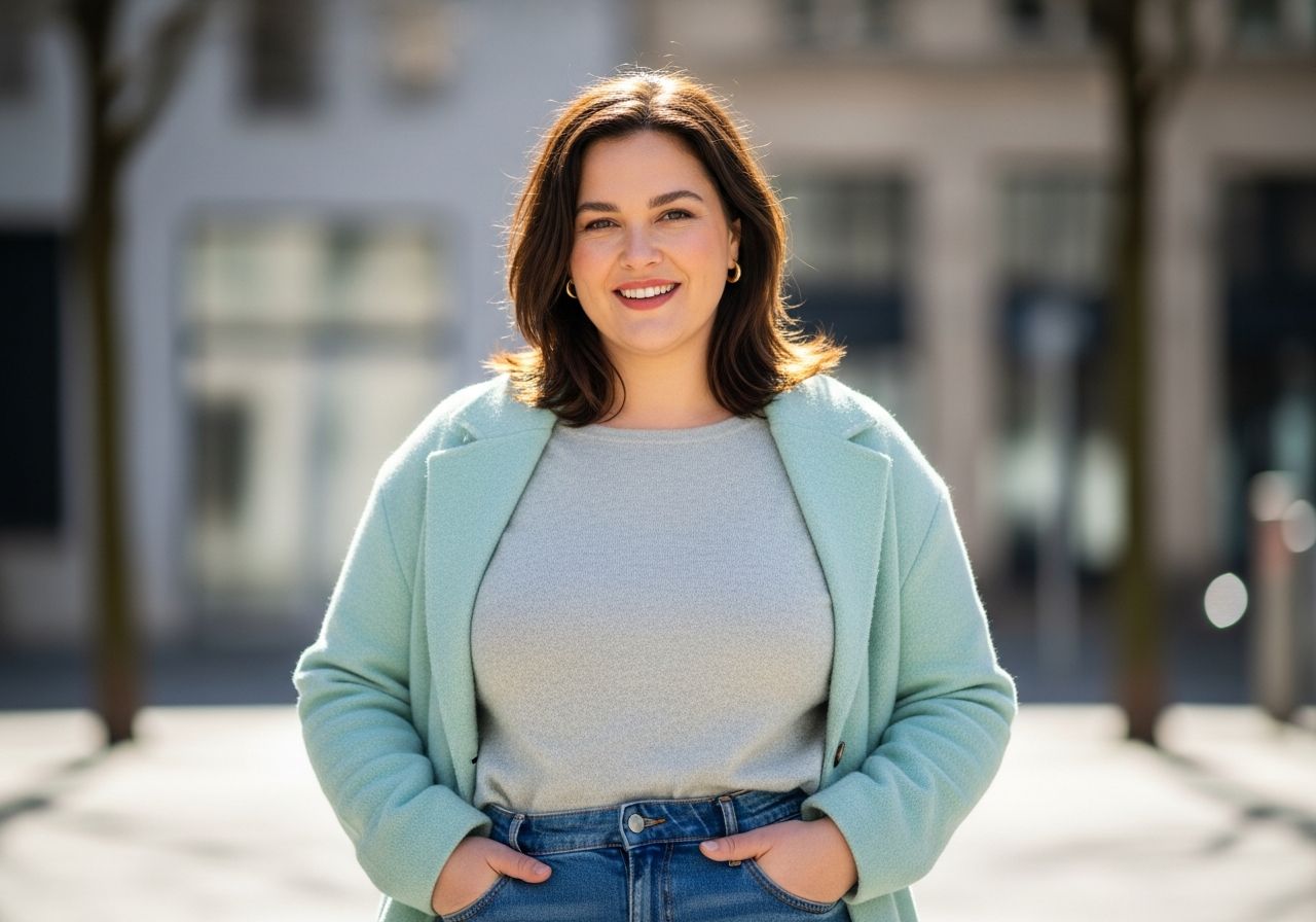 Plus size žena v městském prostředí, oblečená v pohodlném moderním oblečení, usmívající se do kamery