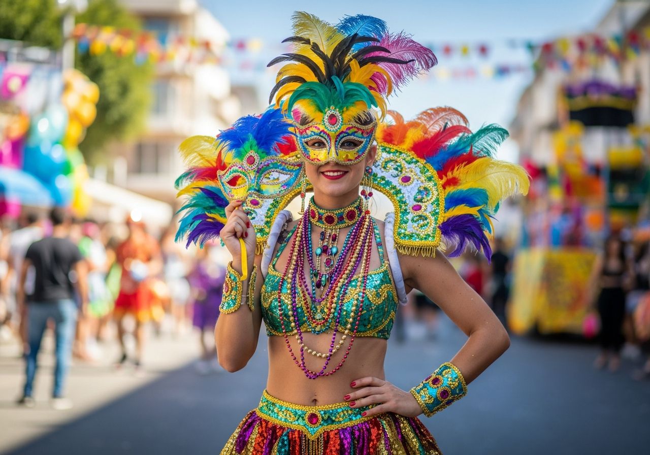 Mladá žena v karnevalovém kostýmu s maskou a korálky na rušném ulicním festivalu za denního světla