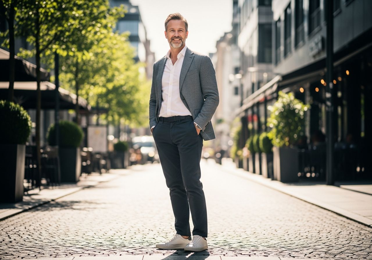 Muž v elegantním smart casual oblečení stojí ulice s kavárnami, s rukama v kapsách a lehkým úsměvem.
