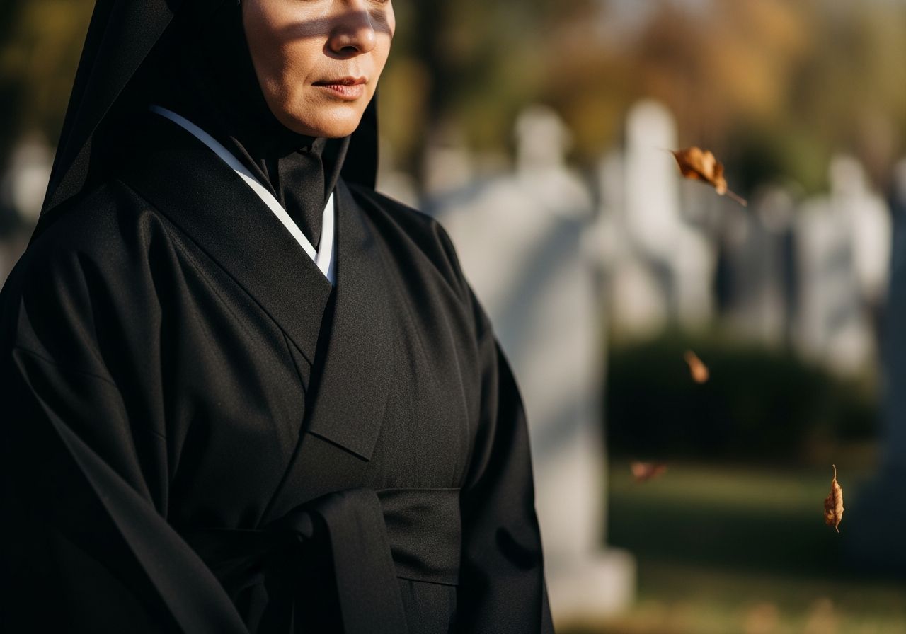 Osoba v tradičním černém smutečním oděvu stojí na klidném hřbitově s padajícím listím.