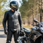 Motorkář v plné výstroji připravený na jízdu u moderního motocyklu na lesní silnici za slunečného dne