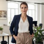 Profesionální žena v kanceláři v modrém saku a béžových kalhotách, přirozené světlo, moderní prostředí
