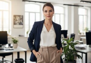 Profesionální žena v kanceláři v modrém saku a béžových kalhotách, přirozené světlo, moderní prostředí