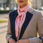 Žena venku s růžovým hedvábným šátkem a elegantním blejzrem na rozmazaném městském pozadí.