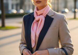 Žena venku s růžovým hedvábným šátkem a elegantním blejzrem na rozmazaném městském pozadí.