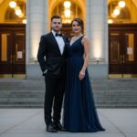 Elegantní pár před vstupem do filharmonie večer v klasickém oblečení s osvětlenou neoklasickou architekturou