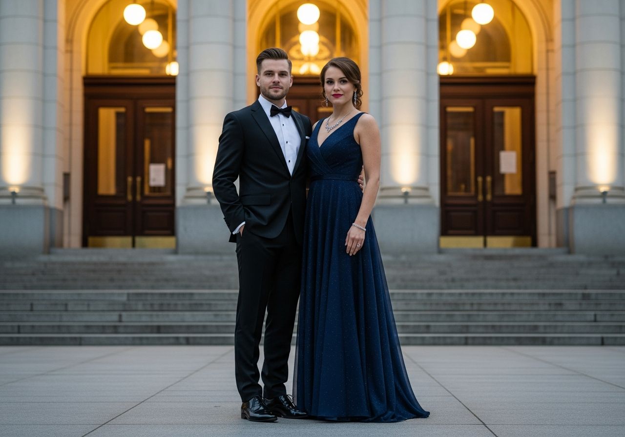 Elegantní pár před vstupem do filharmonie večer v klasickém oblečení s osvětlenou neoklasickou architekturou