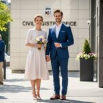 Stylový pár držící se za ruce před moderní matrikou za slunného dne
