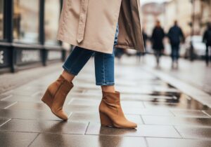 Stylové hnědé semišové kotníkové boty na jehlovém podpatku, mužka v městské ulici v džínách a trenčkotu