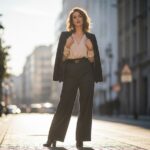 Stylová žena s hruškovou postavou v městském oblečení stojí na slunečné ulici, měkké světlo zvýrazňuje siluetu