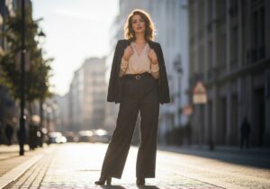 Stylová žena s hruškovou postavou v městském oblečení stojí na slunečné ulici, měkké světlo zvýrazňuje siluetu