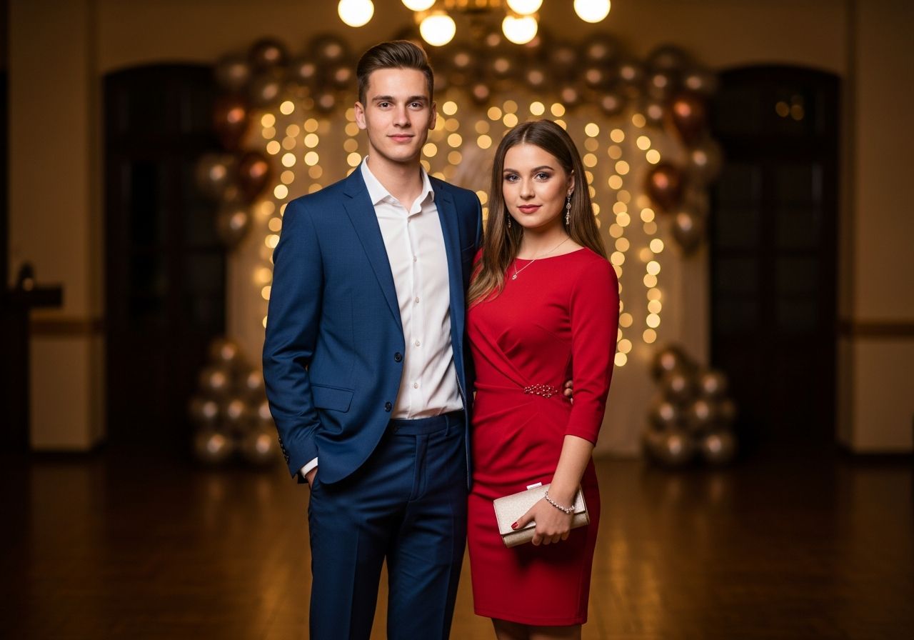 Mladý pár na osmnáctinové oslavě v elegantním oblečení, okolí s balónky a světýlky.