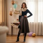 Mladá žena v elegantním oblečení stojí v místnosti s narozeninovou výzdobou a dortem v pozadí.