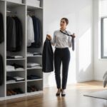 Žena ve smart casual oblečení rozhoduje o outfitu před skříní s pracovními oděvy v moderní ložnici.