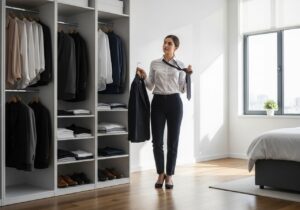 Žena ve smart casual oblečení rozhoduje o outfitu před skříní s pracovními oděvy v moderní ložnici.