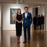 Mladý pár v moderní galerii s uměním, žena v černých šatech, muž v tmavém obleku bez kravaty.