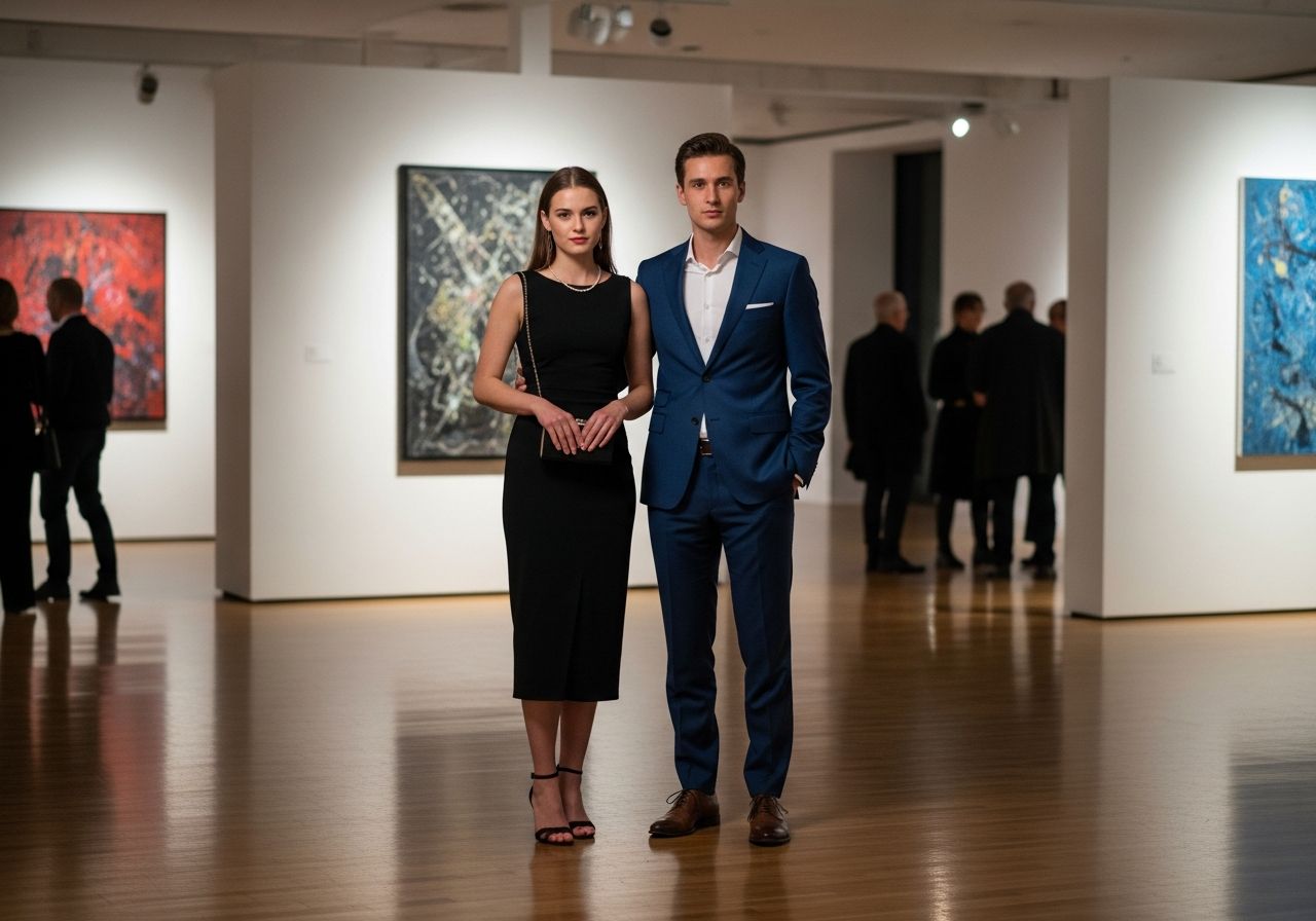Mladý pár v moderní galerii s uměním, žena v černých šatech, muž v tmavém obleku bez kravaty.