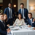 Skupina profesionálů v elegantním oblečení u stolu během firemní večeře v moderní restauraci.