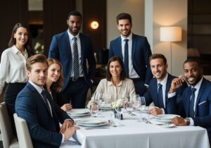 Skupina profesionálů v elegantním oblečení u stolu během firemní večeře v moderní restauraci.